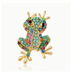 Brooch Frog Green & Multicolor Crystals Gold Tone